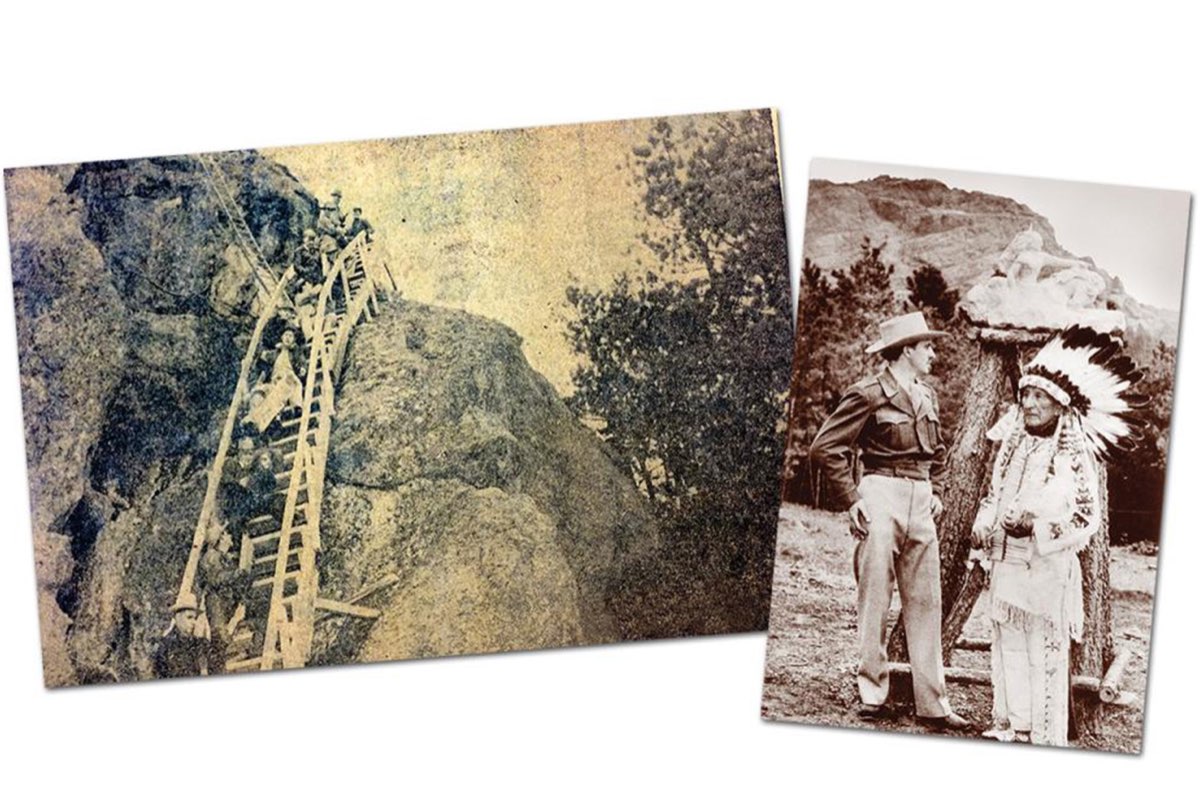 Des Rotariens transportent le bois pour l’escalier et le sculpteur s’entretient avec le chef Henry Standing Bear