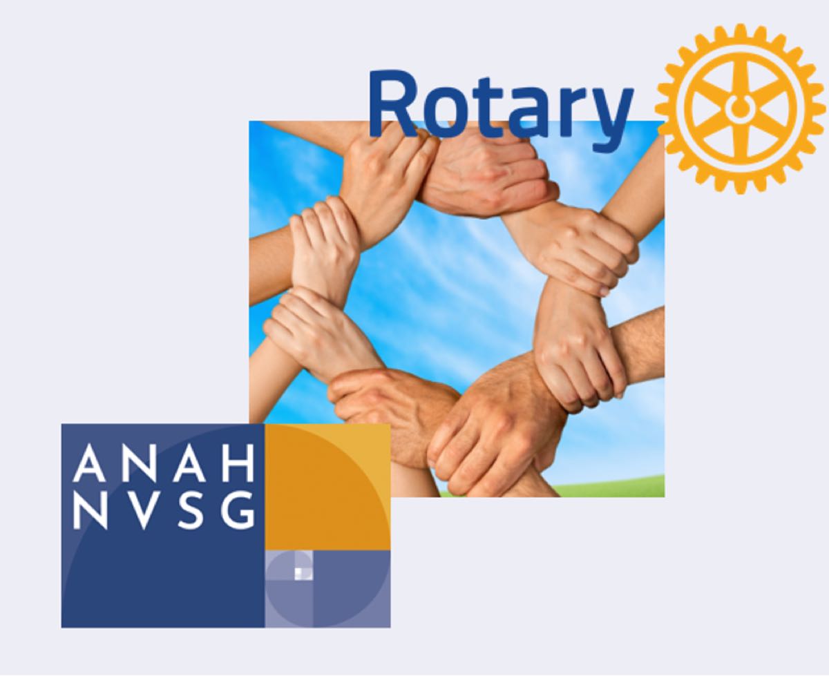 Logo de l'ANAH-NVSG avec le symbole Rotary et des mains solidaires illustrant la mission d'inclusion et de soutien de l'association